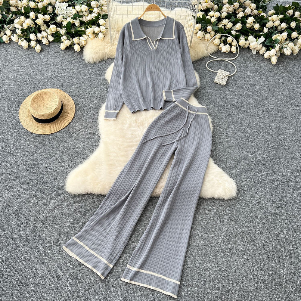 Knitting shirt two-piece set women's fall and winter lazy style easiest for matchretro lapel pullover sweaterhigh waistcasual wide-leg pants