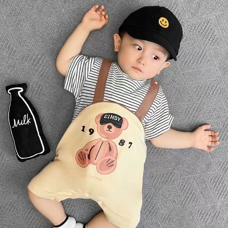Baby short-sleeve romper with mock straps - lightweight summer outfit for newborn boys and girls