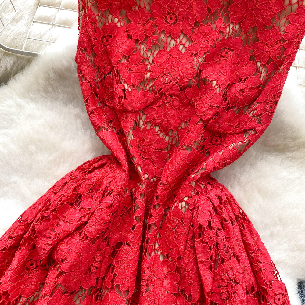 Luxury style sleeveless dress for women - summer mesh lace, cinched waist design, mature & chic, queen bee mini dress