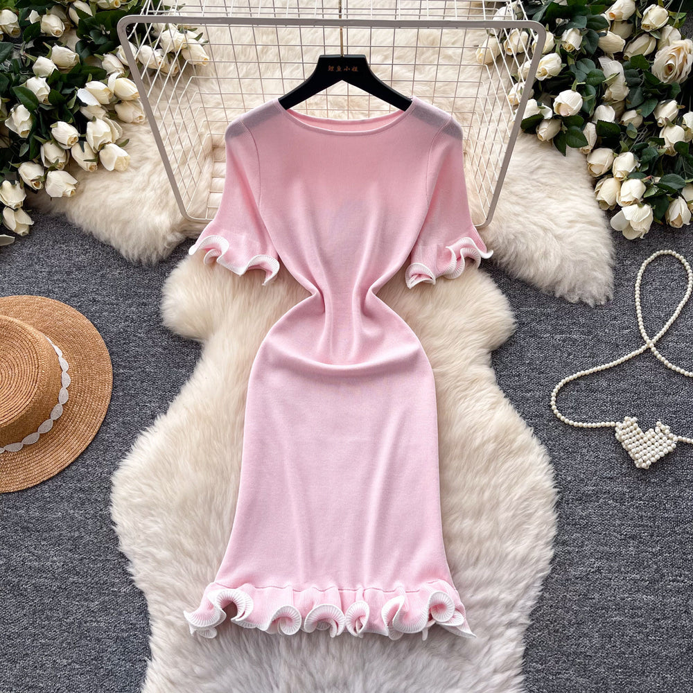 Korean style commute ruffle knit dress - women's  summer high-waisted slimming a-line dress - elegant and high-end