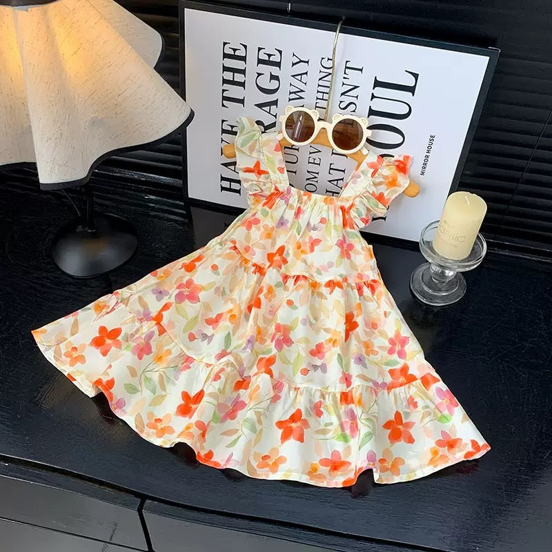 [family wear] children's cotton silk suspender dress sleeveless cake skirt summer thin flying sleeve western style floral skirt