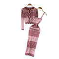 Autumn outfit set for women: high-end, fashionable color block striped knit cardigan with cinched waist cami bodycon dress