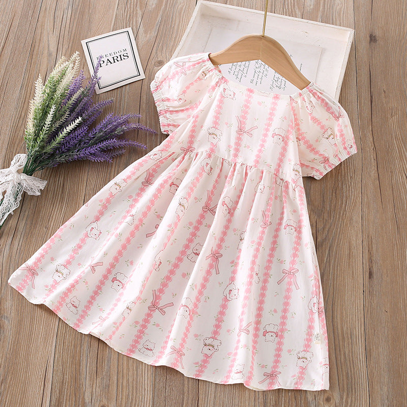 【matching family outfits】girls' cotton silk floral dress - princess style, stylish print, and puff sleeve skirt