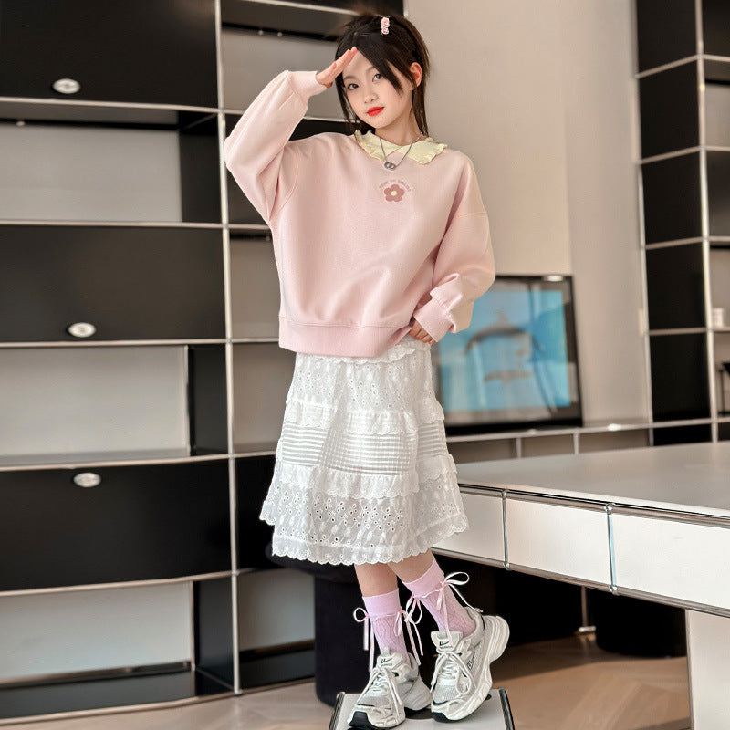 Girls' spring/autumn sweatshirt -  new style, chic and trendy polo collar floral top, loose fit base layer, fashionable