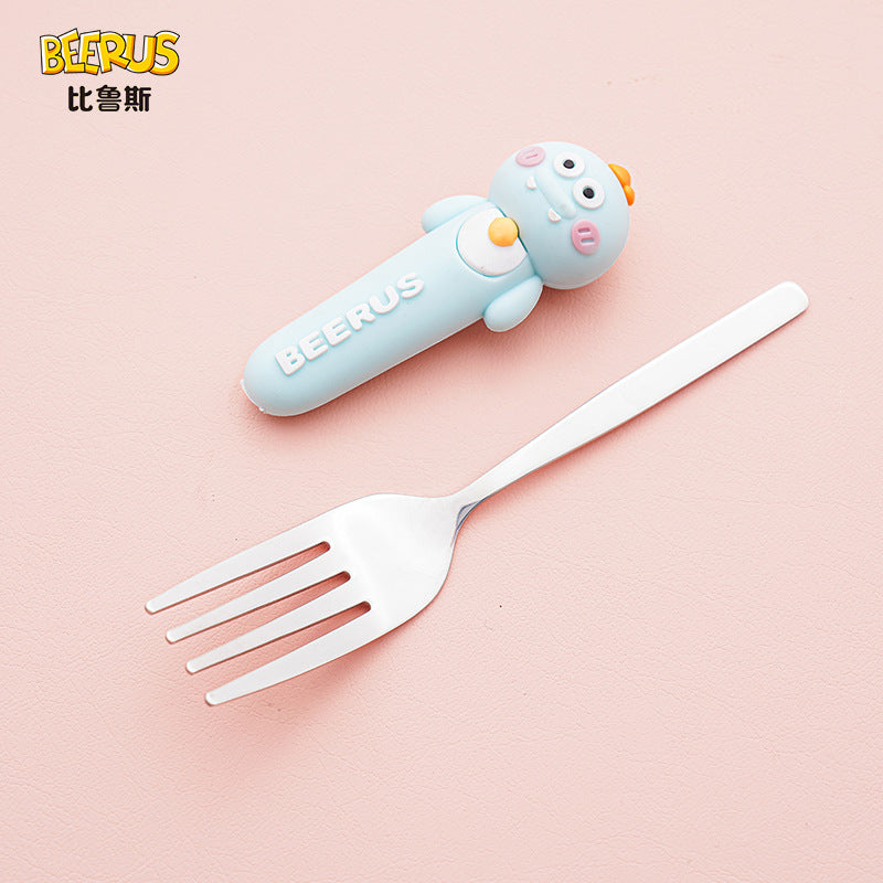 High-quality, adorable cartoon children's cutlery set featuring a cute bear design. includes a fork, spoon, and is perfect for school lunches. made of durable silicone, these portable forks and spoons are available for wholesale