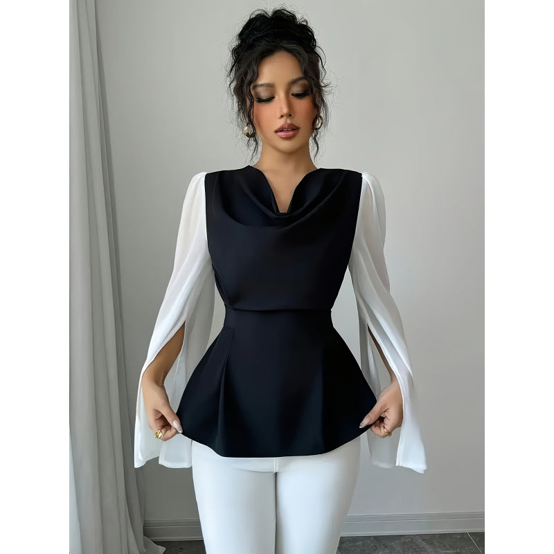 code new arrival  original women's black and whitecontrast colorpatchworktie back waist shirt