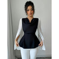 code new arrival  original women's black and whitecontrast colorpatchworktie back waist shirt