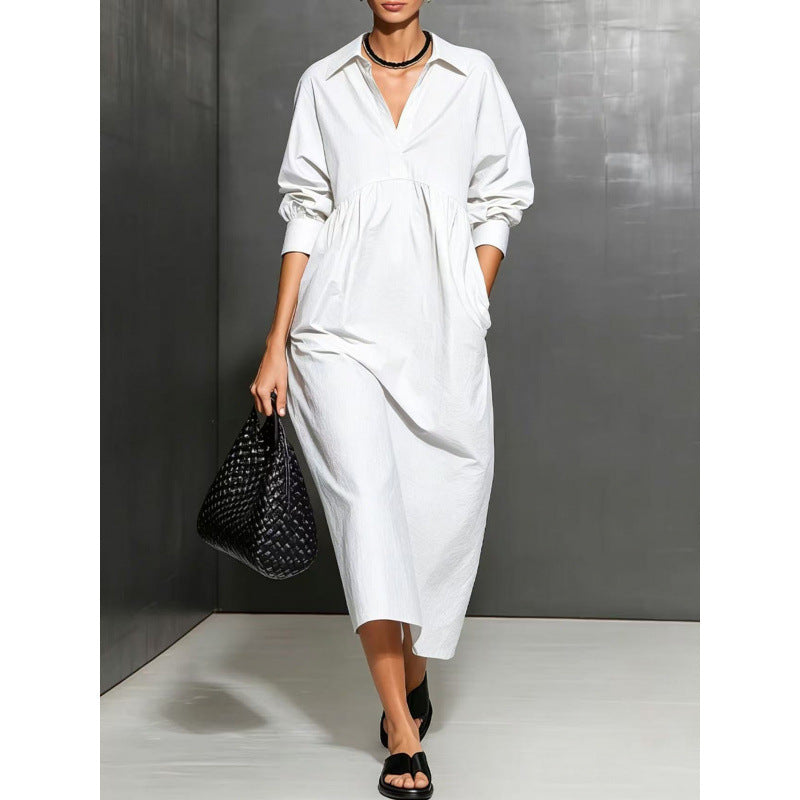 new european and american cross-border style: solid color, loose-fit, long-sleeve shirt collar pocket dress