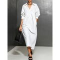 new european and american cross-border style: solid color, loose-fit, long-sleeve shirt collar pocket dress