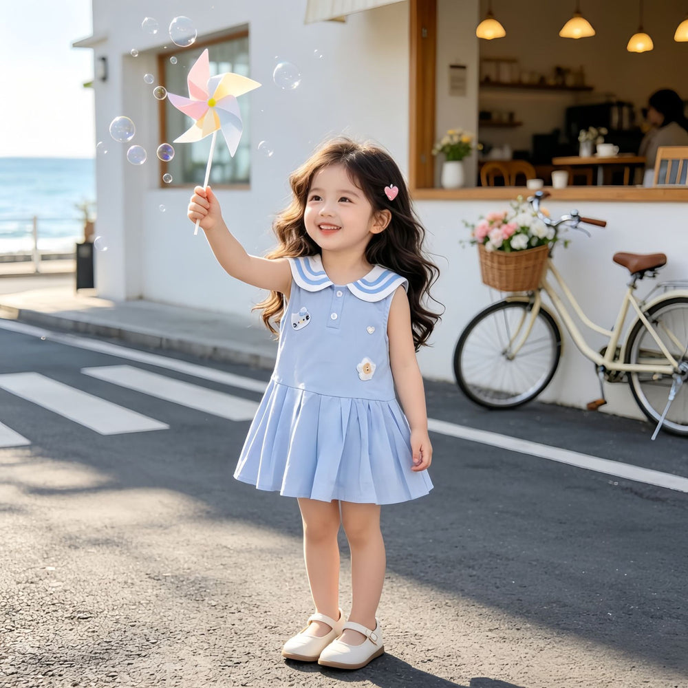 Girls' sleeveless pleated skirt summer  new style baby girl chic sweet cute embroidered sailor collar dress