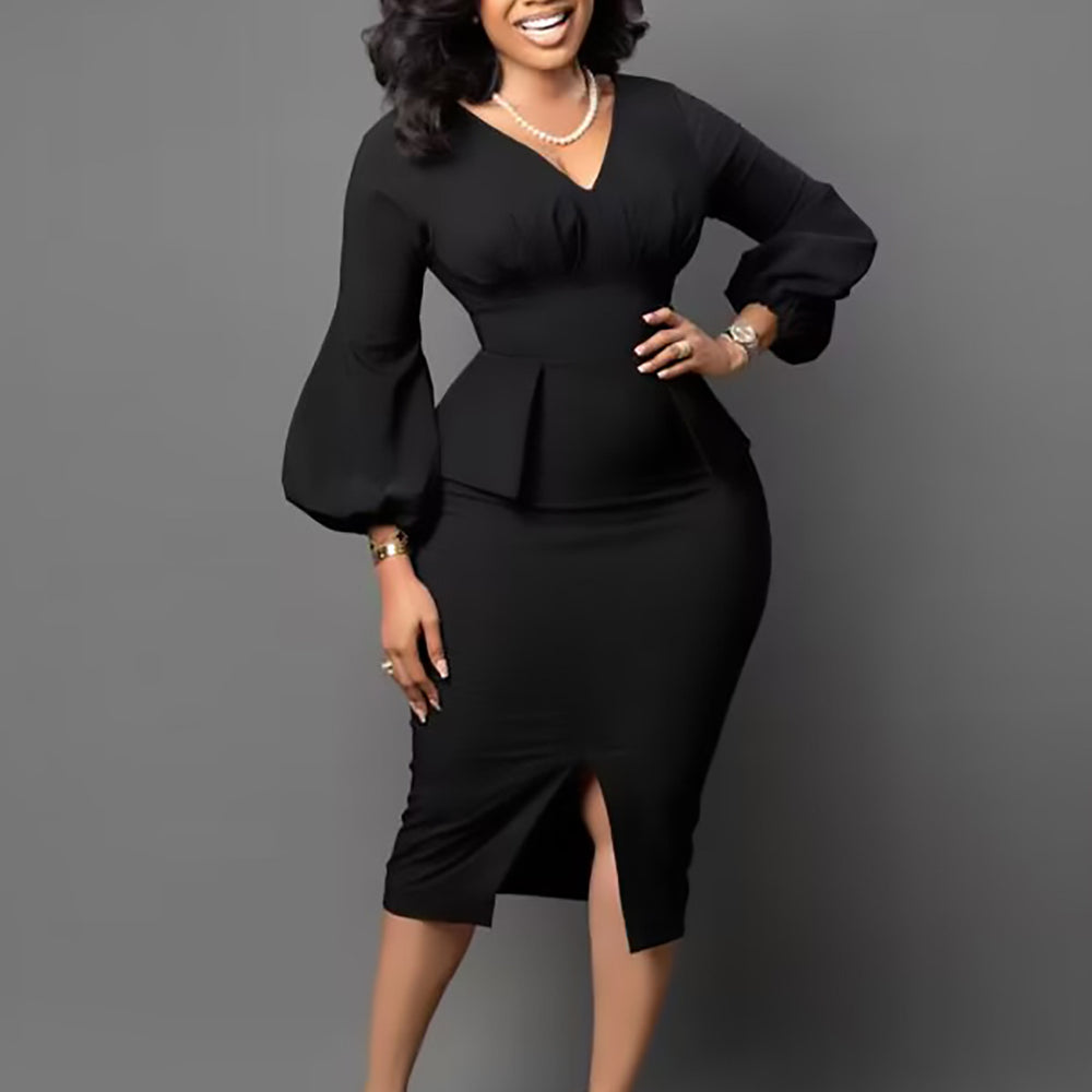 D354  european and american women's clothing v neck puff sleeve slit dress office pencil skirt african dress