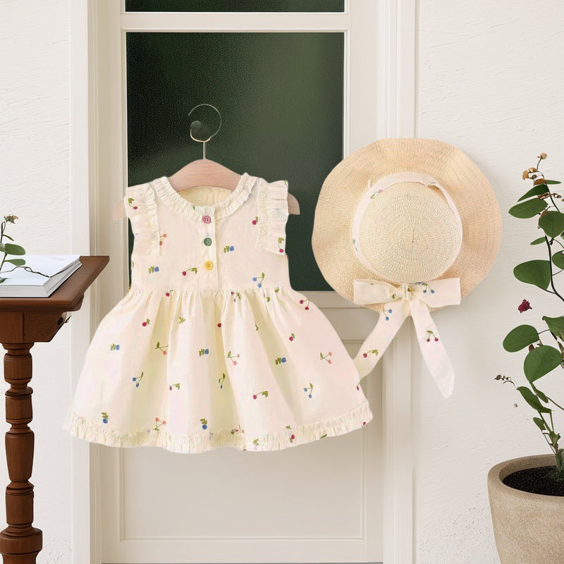 Girls' summer dress  new style children's skirt cherry little girl chic princess dress kids' clothing with hat