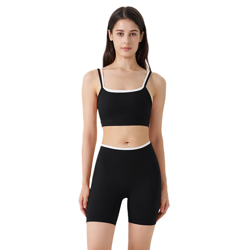 new arrivalfake two-piececontrast color white striped suspender running sports intimates bra three-quarter shorts yoga suit