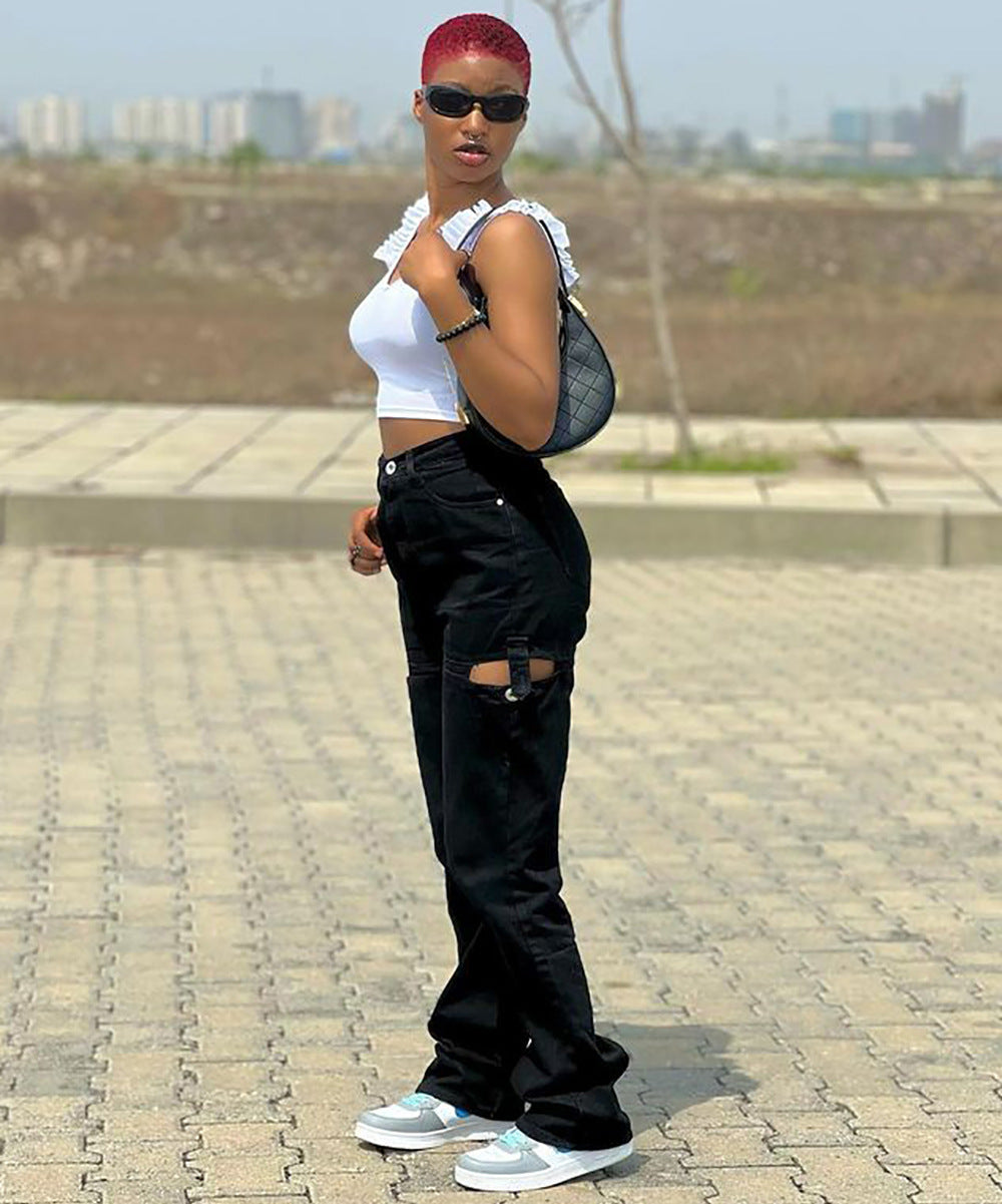 European and american cross-border women's fashion:  streetwear casual distressed patchwork jeans - high waist, straight leg, loose wide leg pants
