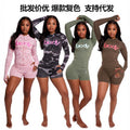 New ins trendy printed sporty stretch zip-up hoodie and shorts two-piece set for women