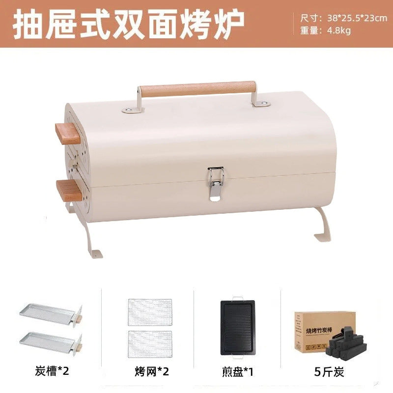 Outdoor portable barbecue grill smokeless foldable barbecue grill thickenedcamping style large frying and grilling dual-purpose charcoal barbecue stove