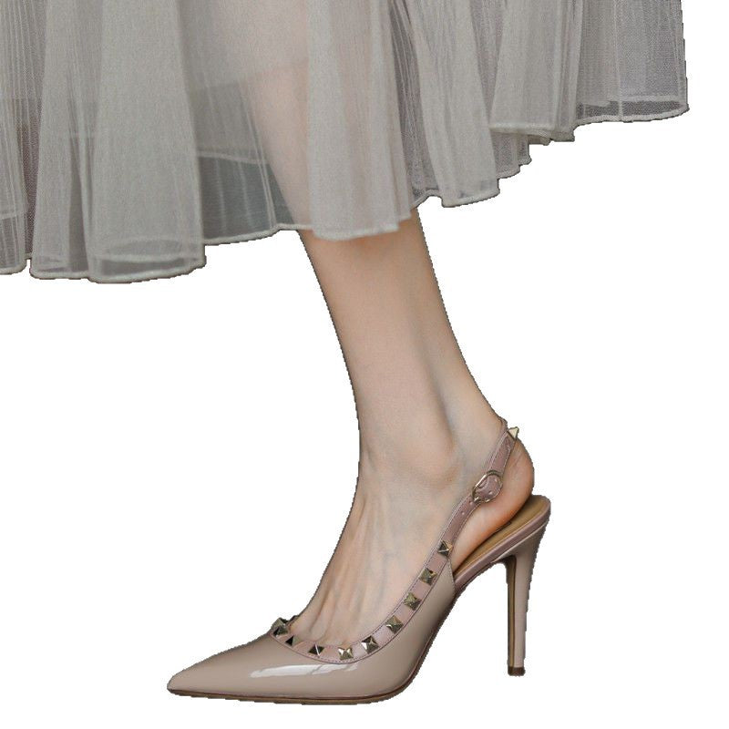 Fashion women's shoes one-strap rivets pointed toe 2025 spring and summer new style thin heel willow versatile toe sandals high heels