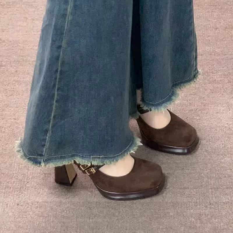 Fashionable retro platform heel mary janes - women's spring/autumn 2026 new collection - single strap, square toe, chunky heel