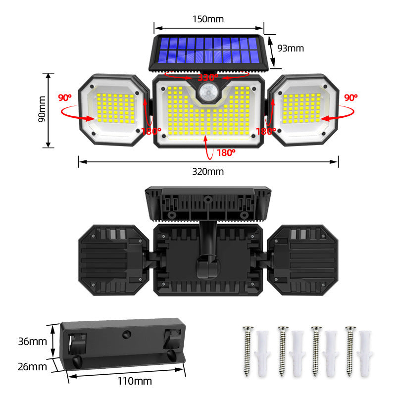Solar intelligent remote control indoor and outdoor three-head split waterproof LED automatic human body induction floodlight wall light