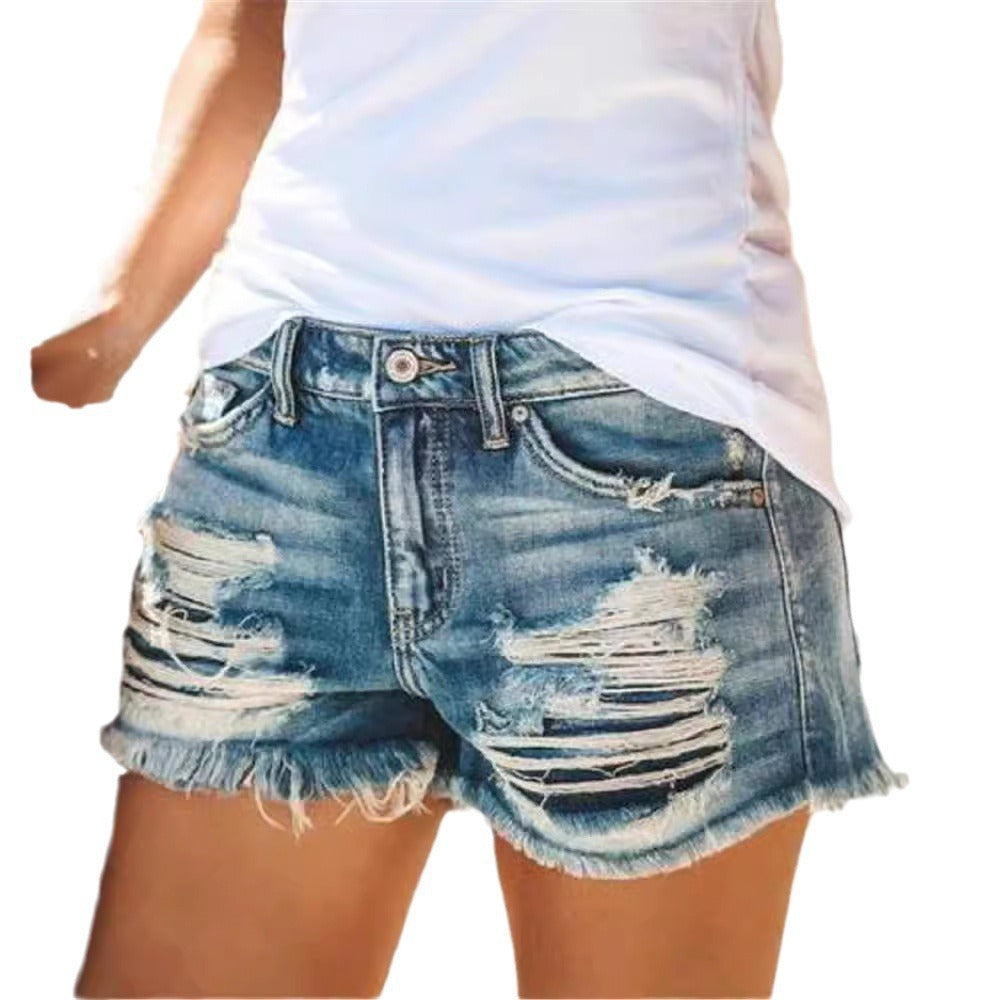 Ready-to-ship  fashion cross-border e-commerce european and american style  summer new high-waisted fringe distressed denim shorts for women