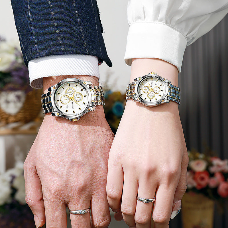 New arrival cross-border alloy couple steel band watch classic business three-eye large dial waterproof quartz watch manufacturer wholesale