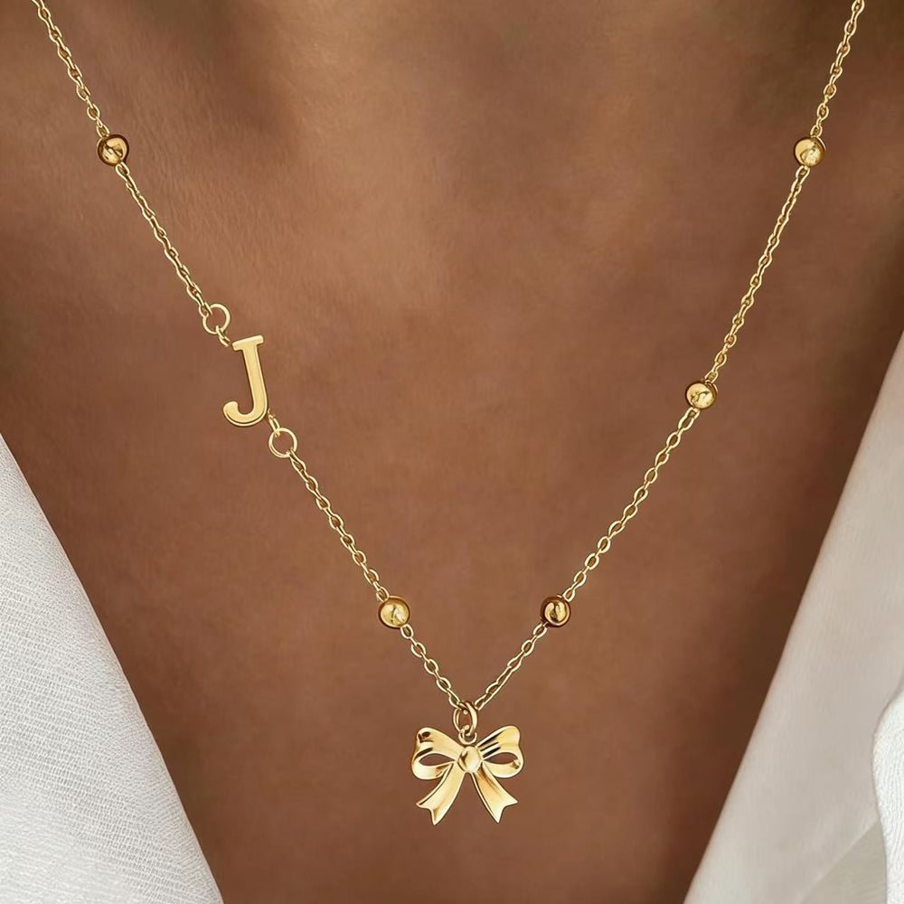 European and american style ins style bow letter necklace 18k gold niche clavicle chain women's summereasiest for match exquisite pendant