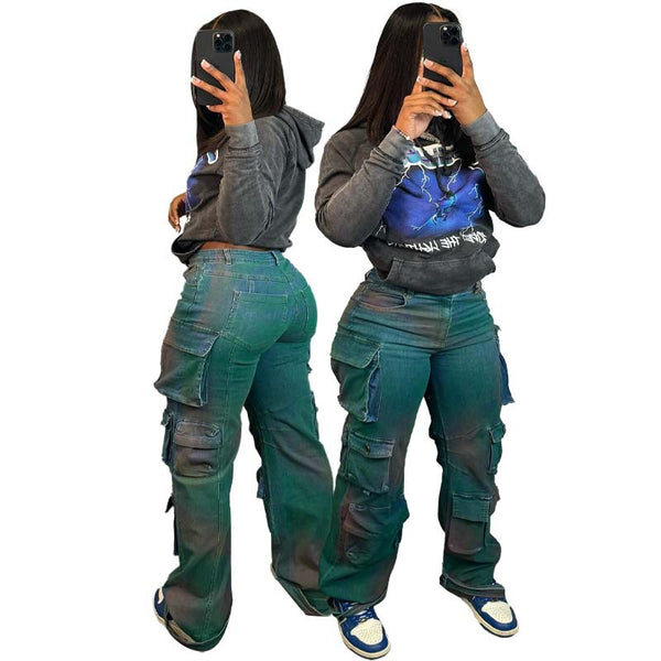 HR88009 European and American women's clothing, elastic fabric, trendy style, multi-pocket wide version spray color denim straight overalls