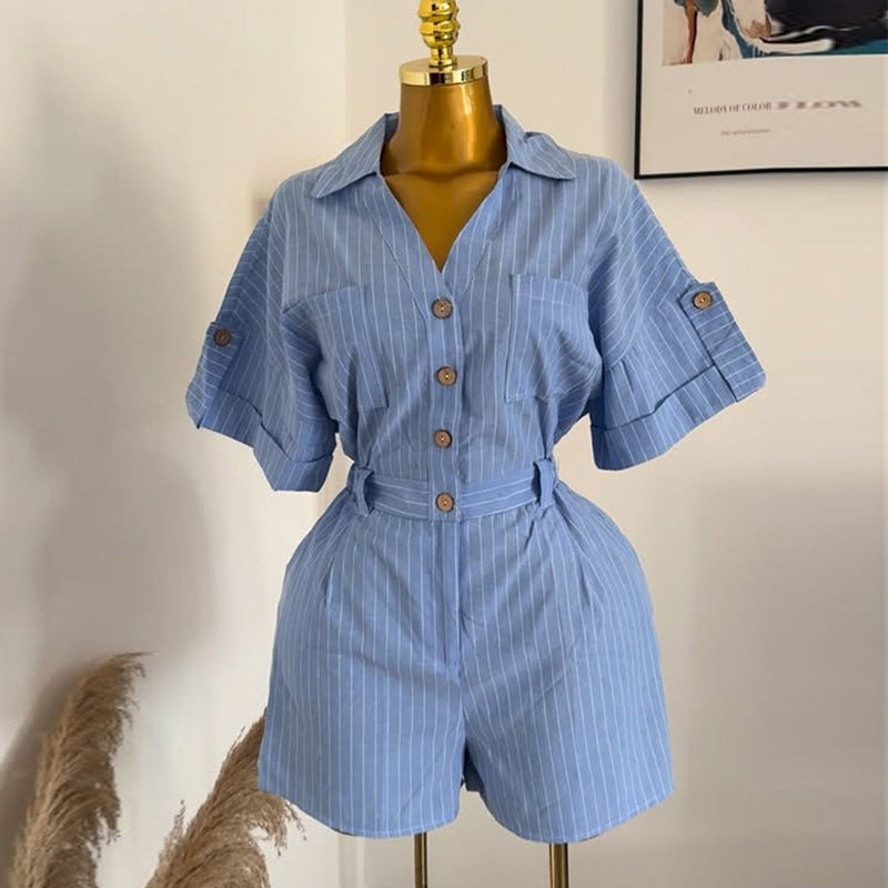 European and american cross-border women's fashion:  autumn new collection - stylish notch lapel striped wide-leg shorts casual jumpsuit