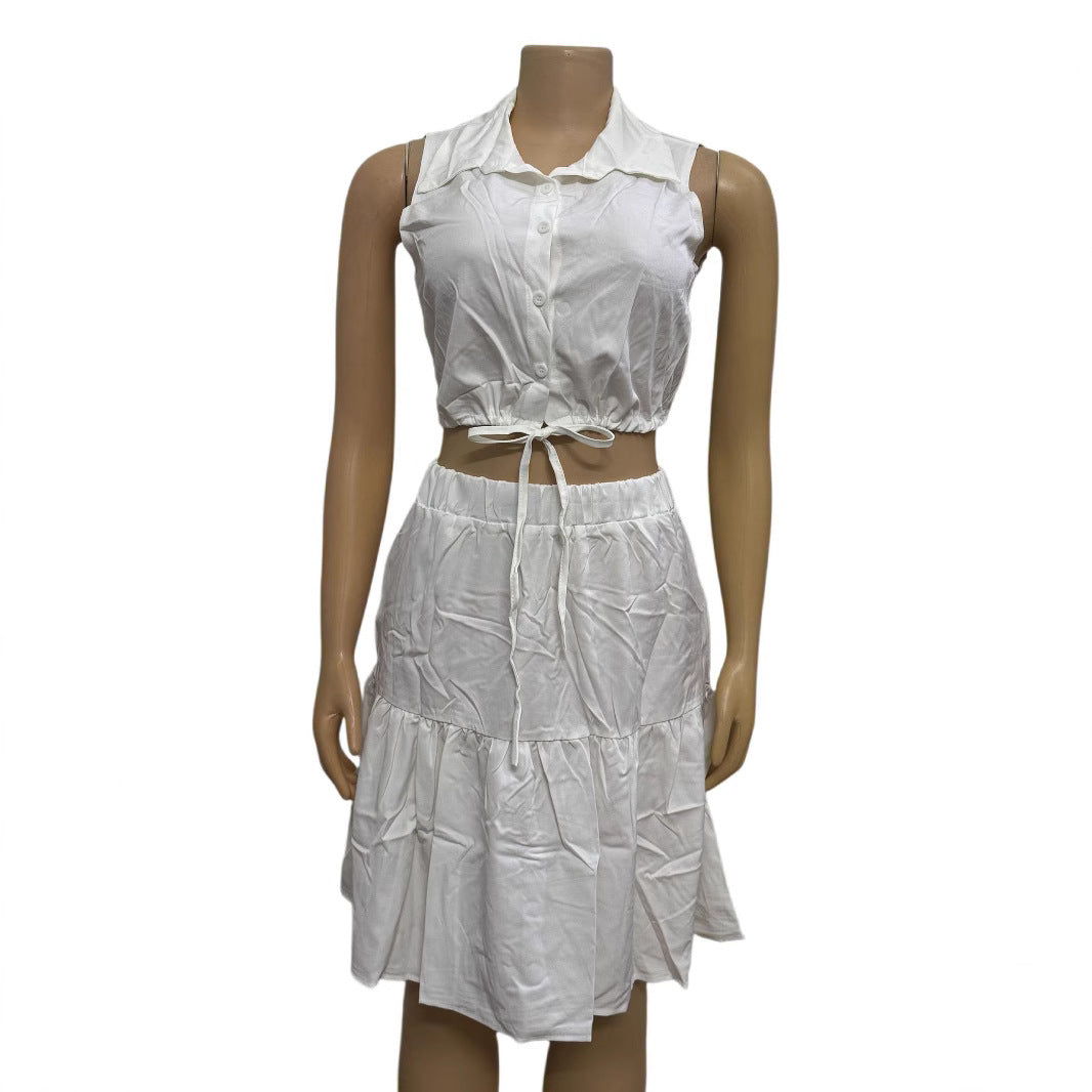 European and American new two-piece set, lapel sleeveless cardigan, open button lace-up top, A-word short skirt set