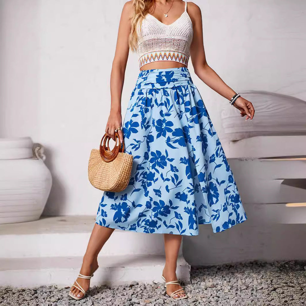 Shanuo independently designs and shoots new women's clothing in Europe, America,  summer casual collection, flower printing skirt