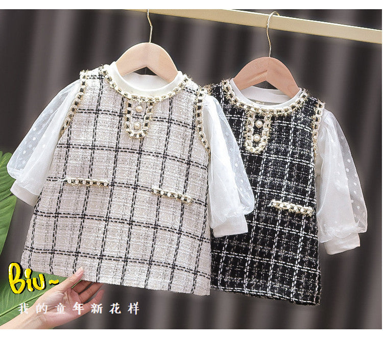 Girls' chanel-inspired dress, new spring long-sleeve two-piece set, korean style baby girl plaid outfit