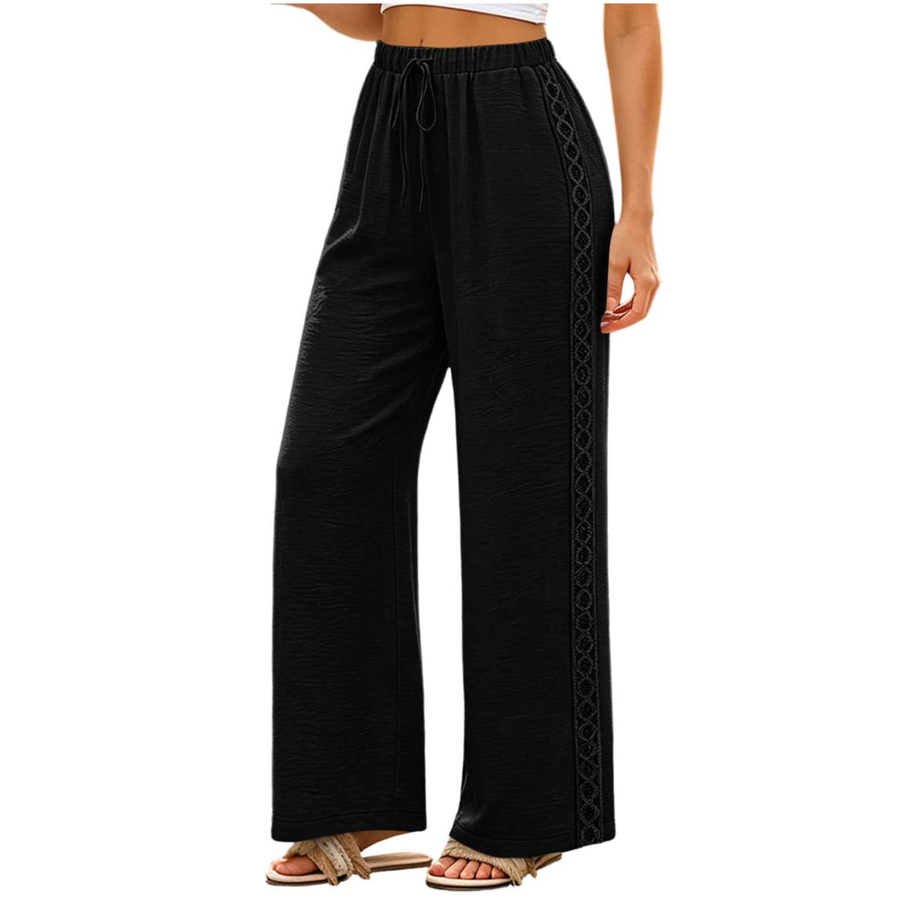 new european and american style women's fashion solid color lace trim elastic waistband pocket casual trousers