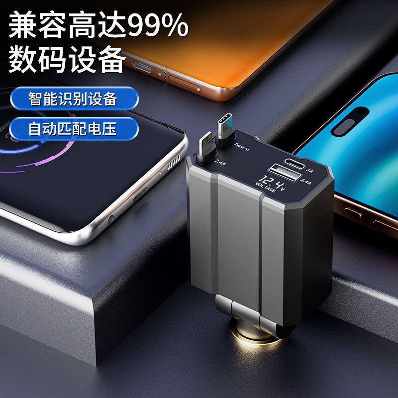 Car charger with dual usb ports and retractable cable - 2-in-1 design - universal compatibility for apple & huawei - fast charging