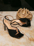 Women's ultra high heel sandals black women's shoes stiletto heel fashion party square toe buckle closure minimalist