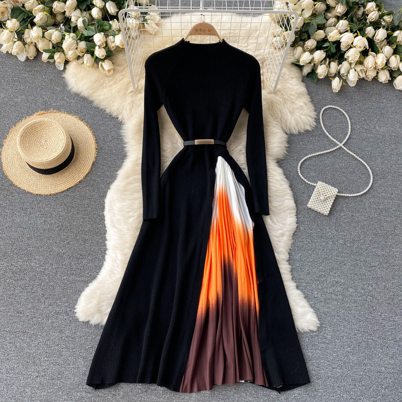 French hepburn style elegant knit patchwork gradient pleated slim-fit waist-defining maxi dress - new autumn collection for women
