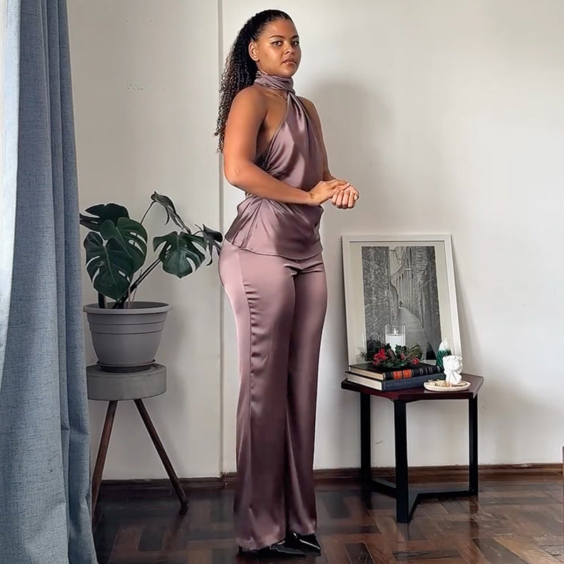 European and american women's clothing  autumn new collection: sweet and fresh halter neck open back tank top with high-waisted straight-leg pants two-piece set