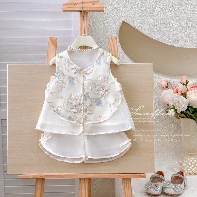 Girls' outfit : exquisite embroidered, modern chinese style, summer cool two-piece set for kids