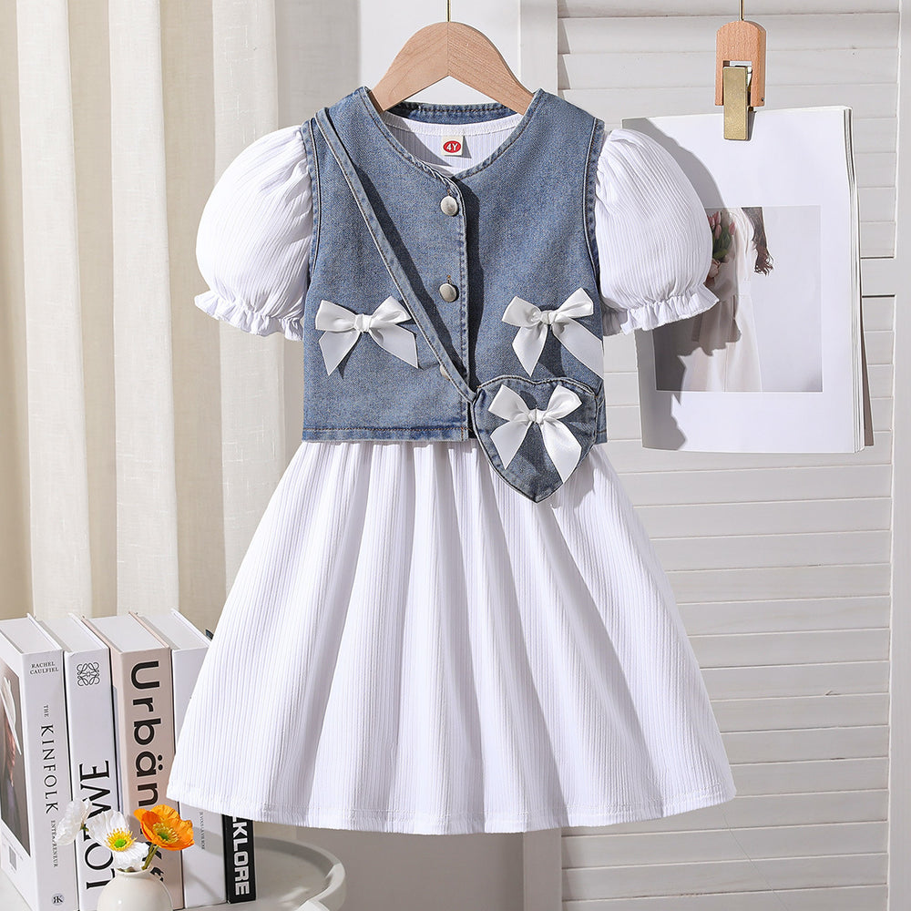 european and american cross-border girls' shirt dress, vest design, with heart-shaped bag three-piece set for girls