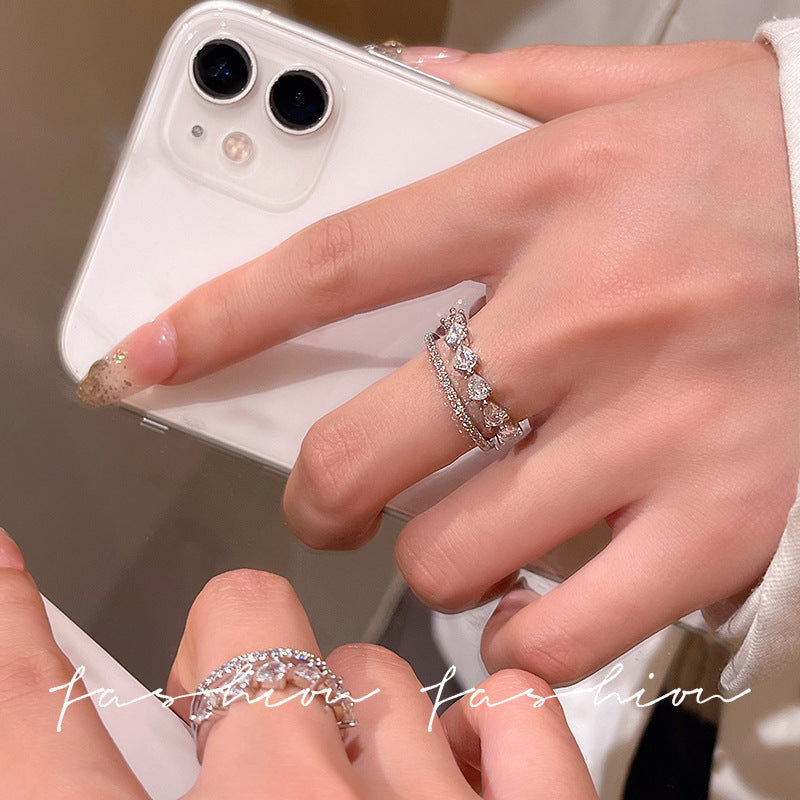Micro-paved zirconia open ring - women's luxury, unique design, high-end feel, index finger ring, fashionable, minimalist, versatile jewelry accessory