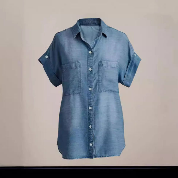 European and American  supply fashionable new lapel pocket single-breasted multi-button denim shirt