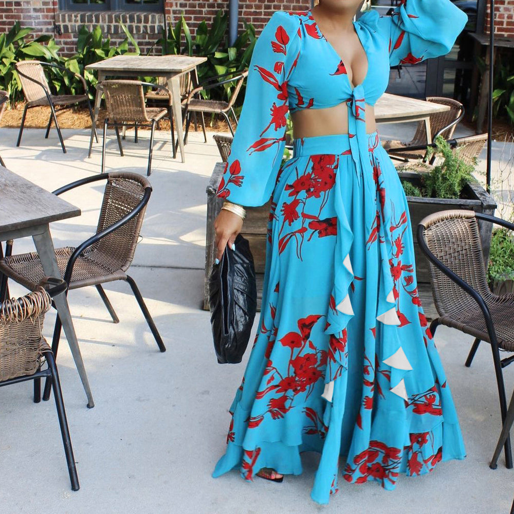 C8467  summer new fashion sexy printed tie-up top and midi skirt european and american two-piece outfit