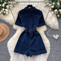 Korean style commute-inspired denim jumpsuit: high-waisted, slim-fit, metallic buckle detail, multi-pocket design