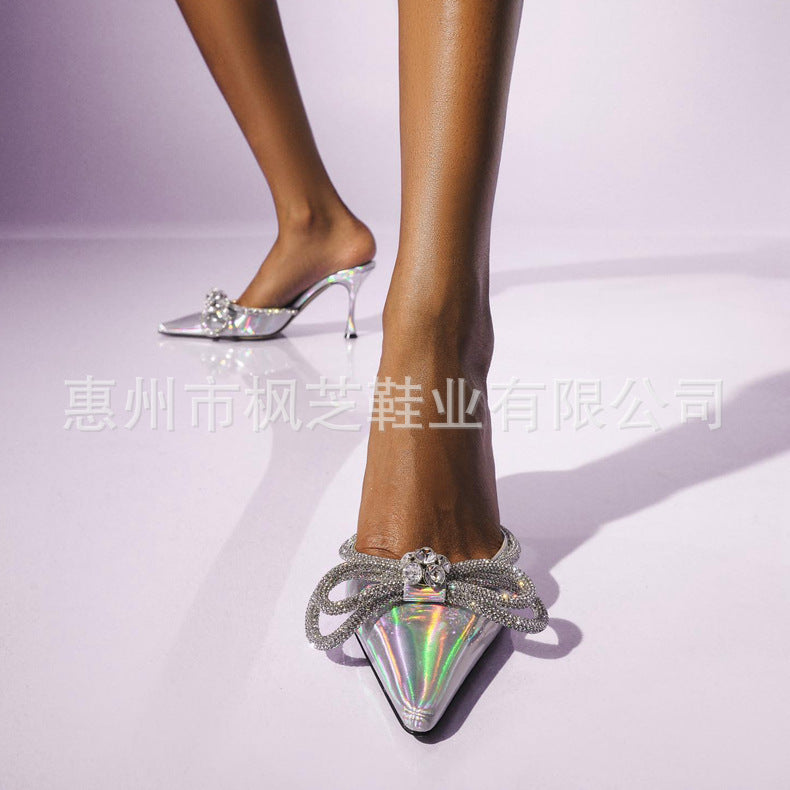 Slip-on laser bow rhinestone high-heeled slippers, stiletto heel, pointed toe, half-slippers, outwearfashion style personalized flash
