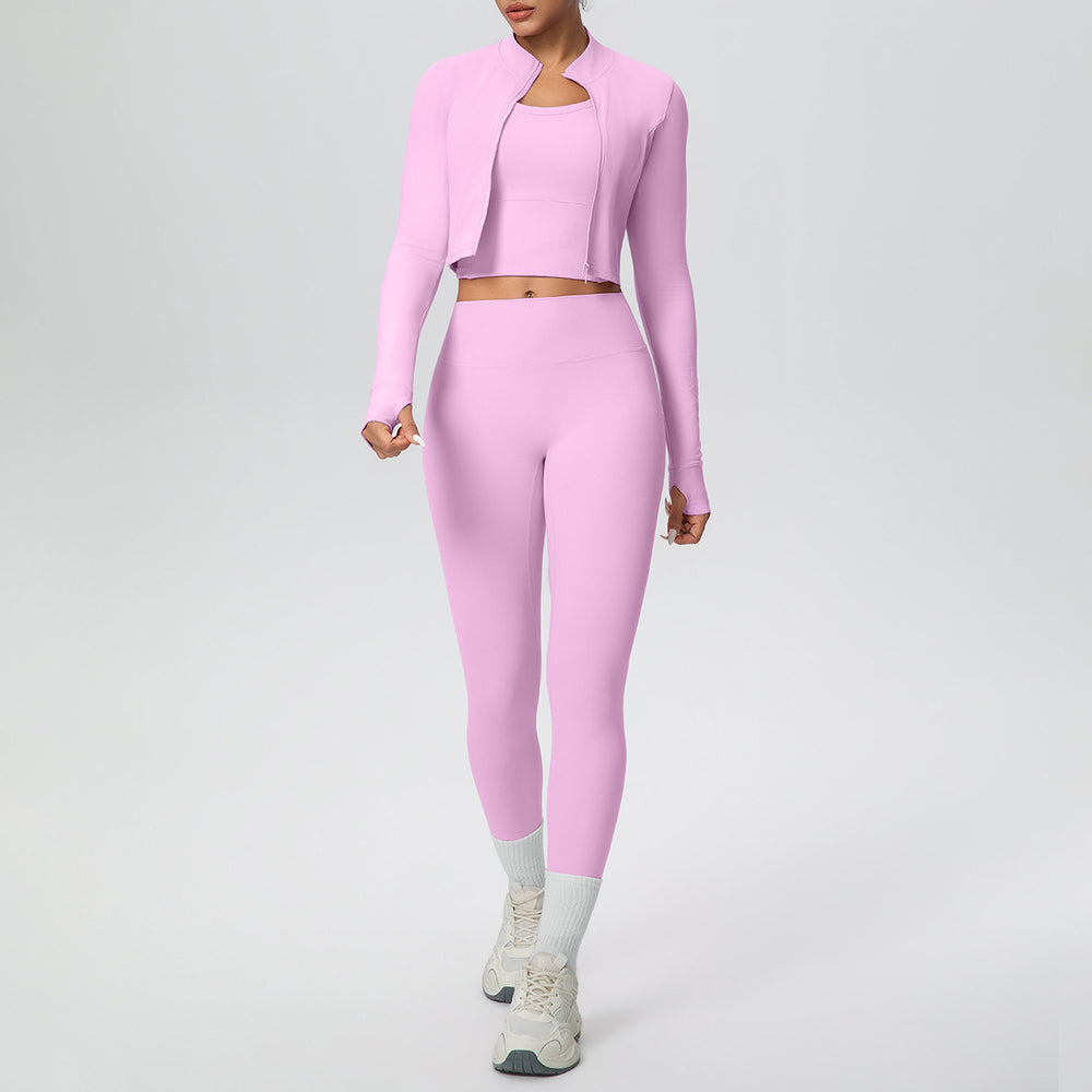 pure color brushed tight high-elastic breathable vest long three-piece set sports running fitness yoga suit