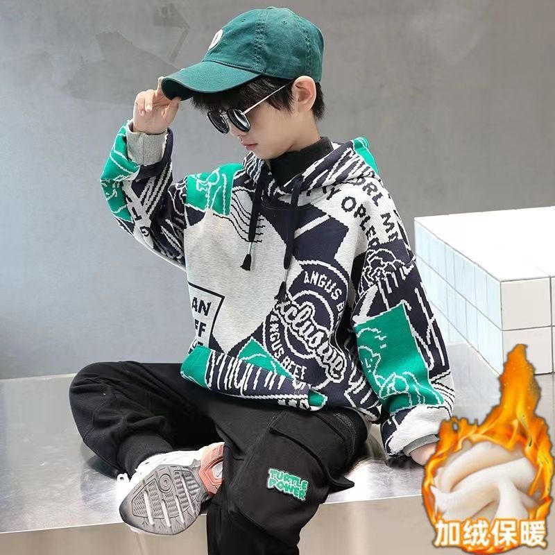 Boys' hooded sweatshirt - spring/autumn style,  new collection, mid-to-large children's autumn/winter collection, boys' autumn apparel, fleece-lined top, trendy brand
