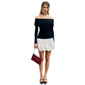 autumn european and american style women's chic fashion off-the-shoulder one-shoulder long sleeve patchwork short puffy dress