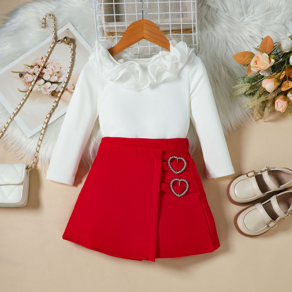European and american autumn new girls' outfit: off-the-shoulder lace-trimmed long-sleeve top + asymmetrical skirt-pants two-piece set