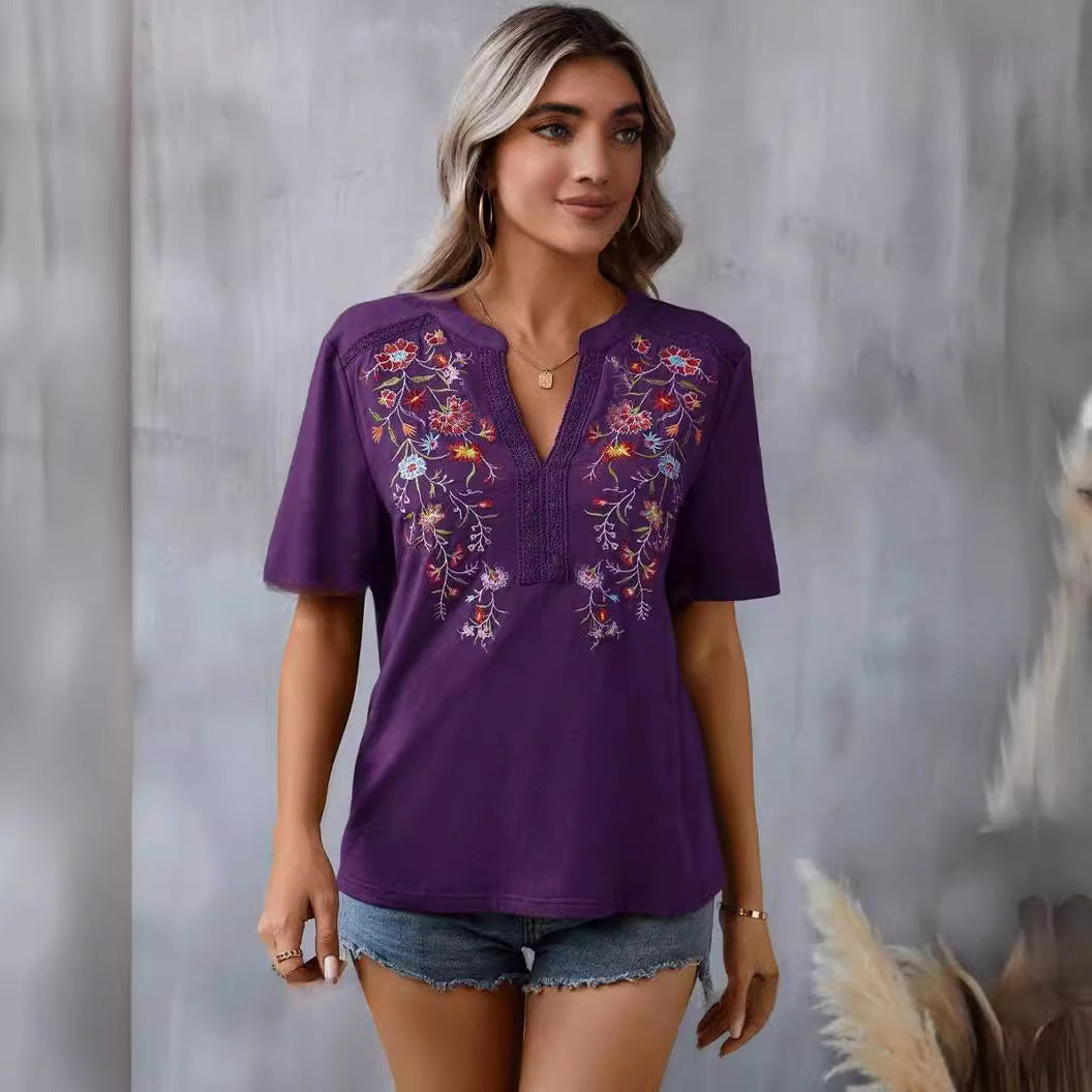 2025 Europe, America,   summer new fashion 10,000-needle embroidered splicing lace lace top women's T