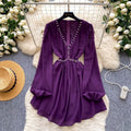K-style heavy industry beading sexy pure desire dress women's summer purple v neck waist slimming lookelegant long skirt work clothing