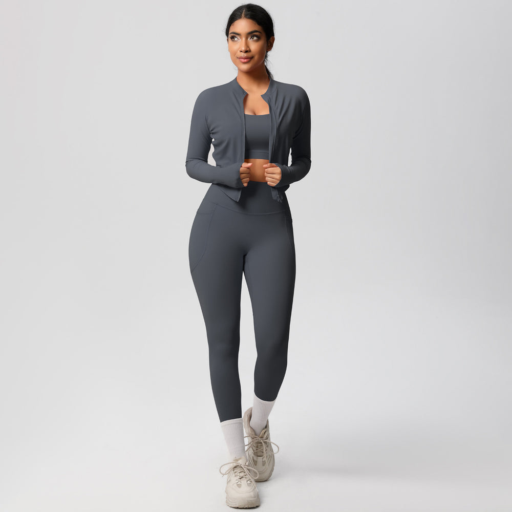 European and american new high-waisted tight-fitting pocket yoga outfit set - quick-dry brushed fabric, outdoor running fitness activewear three-piece set